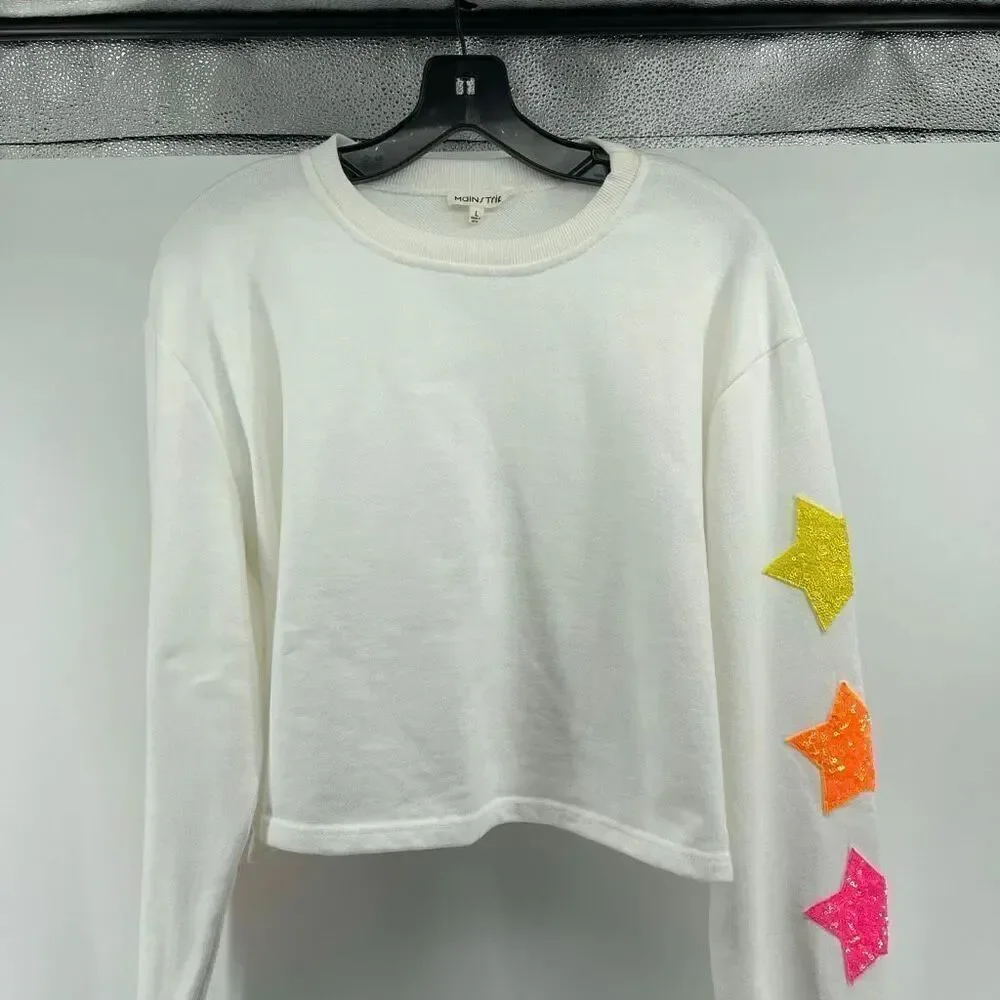 Mainstrip White Cropped Sweatshirt Sequin Star Patch Sleeve Size Large